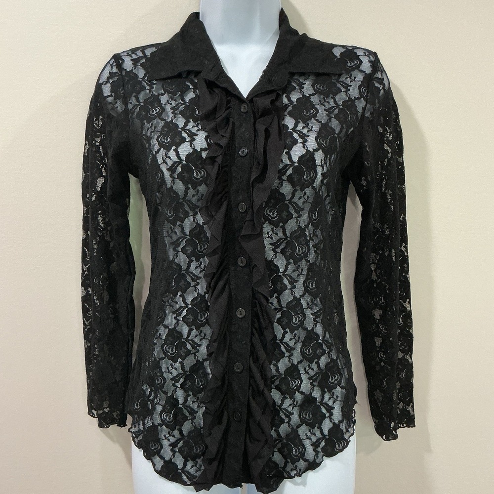 Womens Fairy Grunge Whimsigoth Lace Button Top Size M Black Long Sleeve Ruffle
